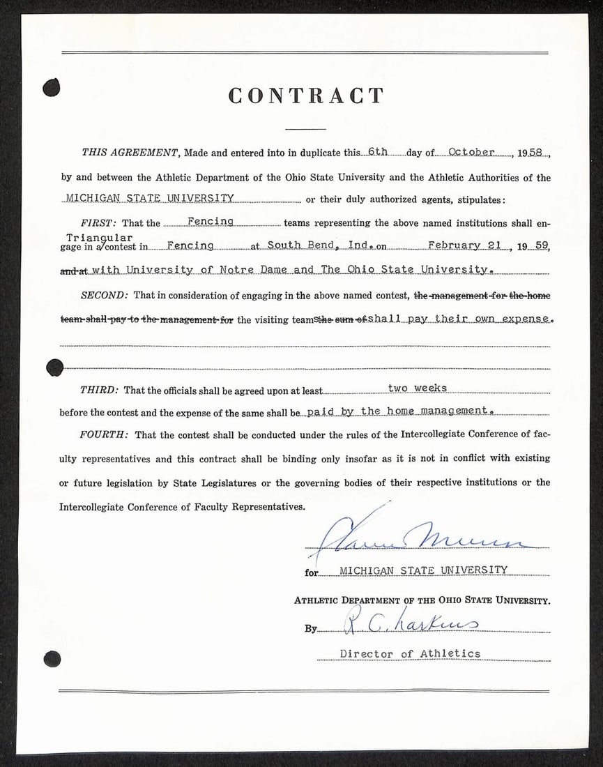 Signed Michigan State Football Contract by Biggie Munn with JSA Authentication: Signed Michigan State Football Contract by Biggie Munn with JSA Authentication This is an original contract signed by Clarence Lester "Biggie" Munn, the Hall of Fame head coach of Michigan State footb
