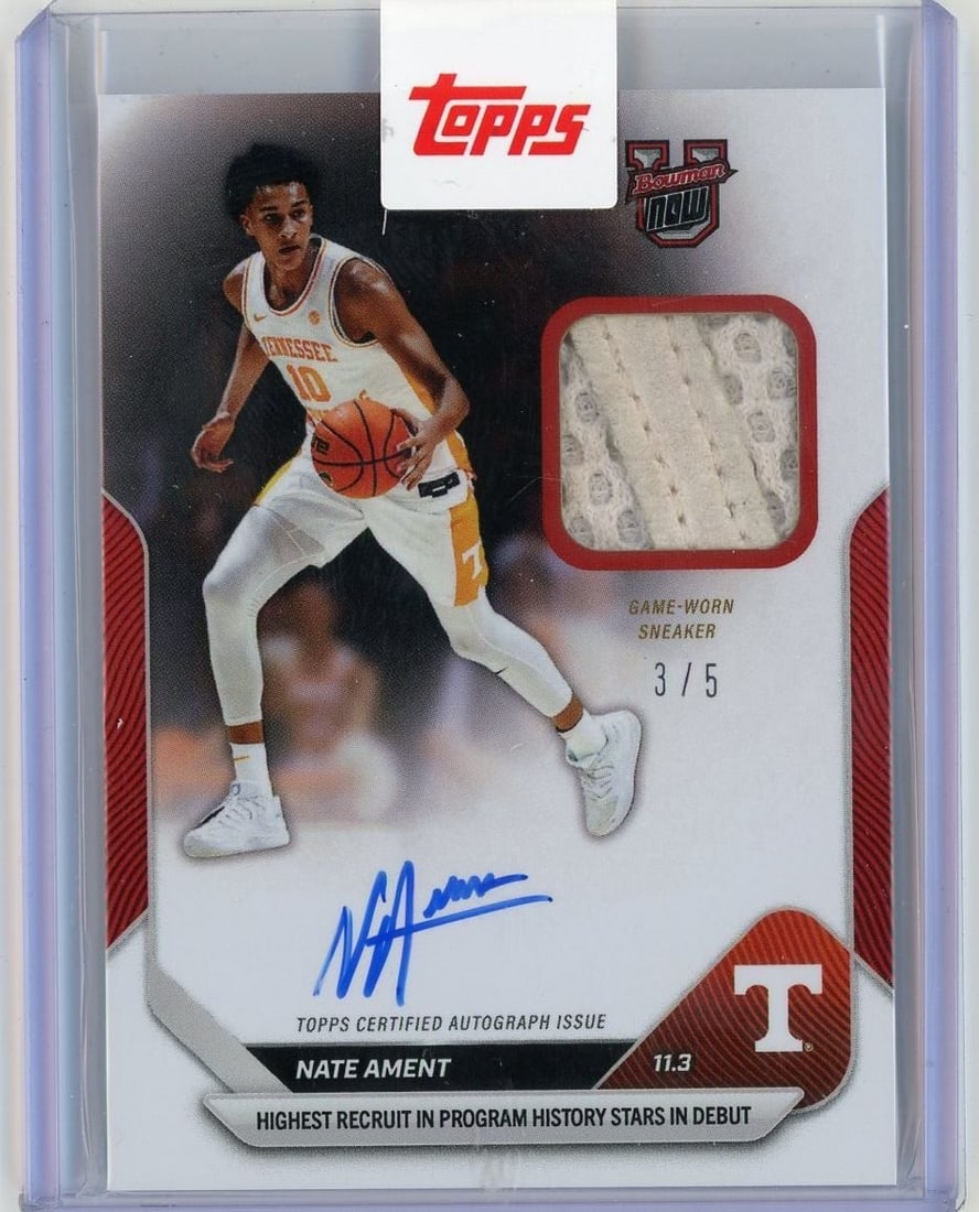 Nate Ament 2025 Topps Bowman U Now 3C Red Relic Autograph Card /5: Nate Ament 2025 Topps Bowman U Now 3C Red Relic Autograph Card /5 2025 Bowman U Now Nate Ament #3C Red Relic Auto /5 RC basketball card. This pre-owned sports trading card features Nate Ament of the T