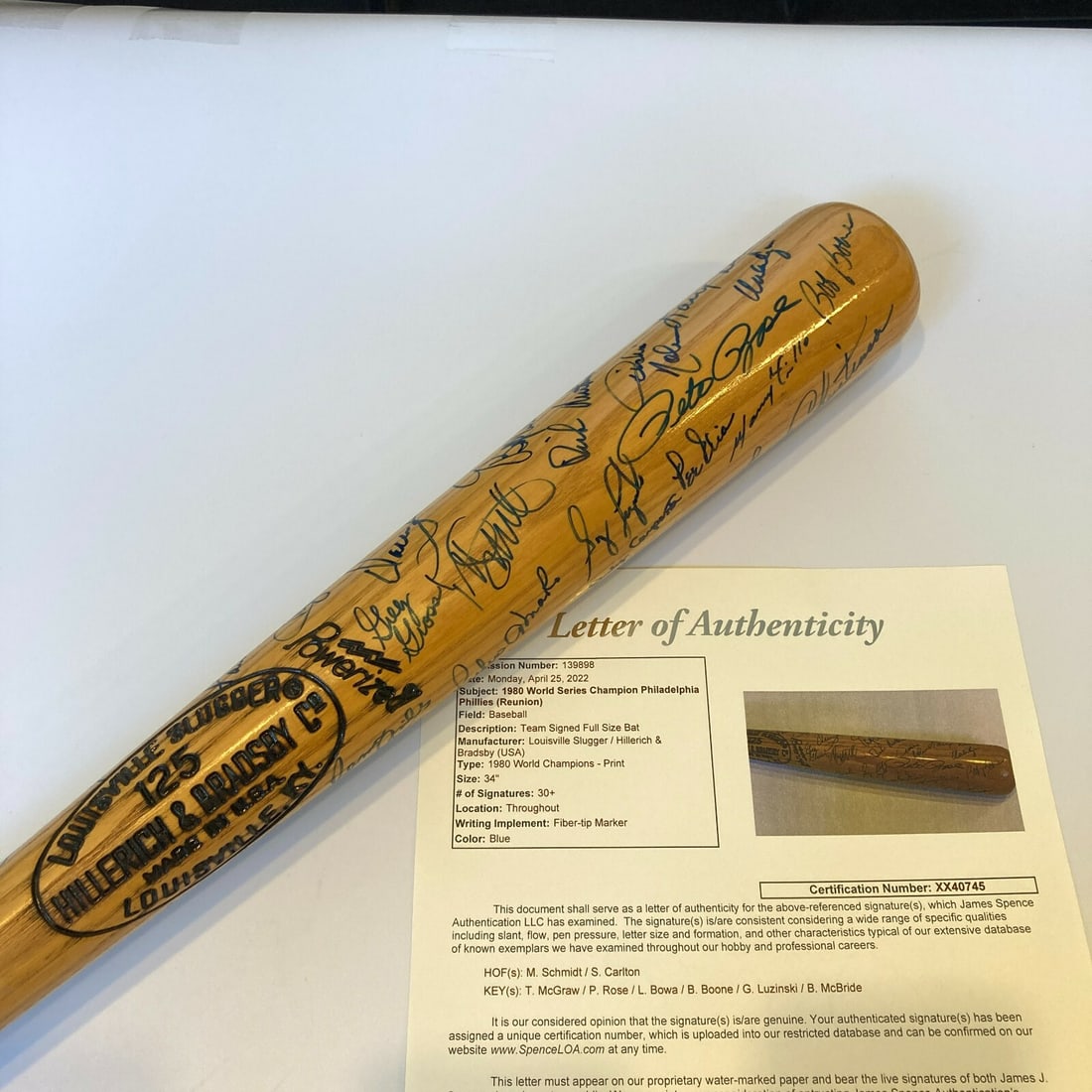 JSA Certified 1980 Phillies World Champions Signed Team Bat: JSA Certified 1980 Phillies World Champions Signed Team Bat Custom 1980 Philadelphia Phillies World Series Champions team-signed bat with over 30 bold blue Sharpie signatures. This original baseball c