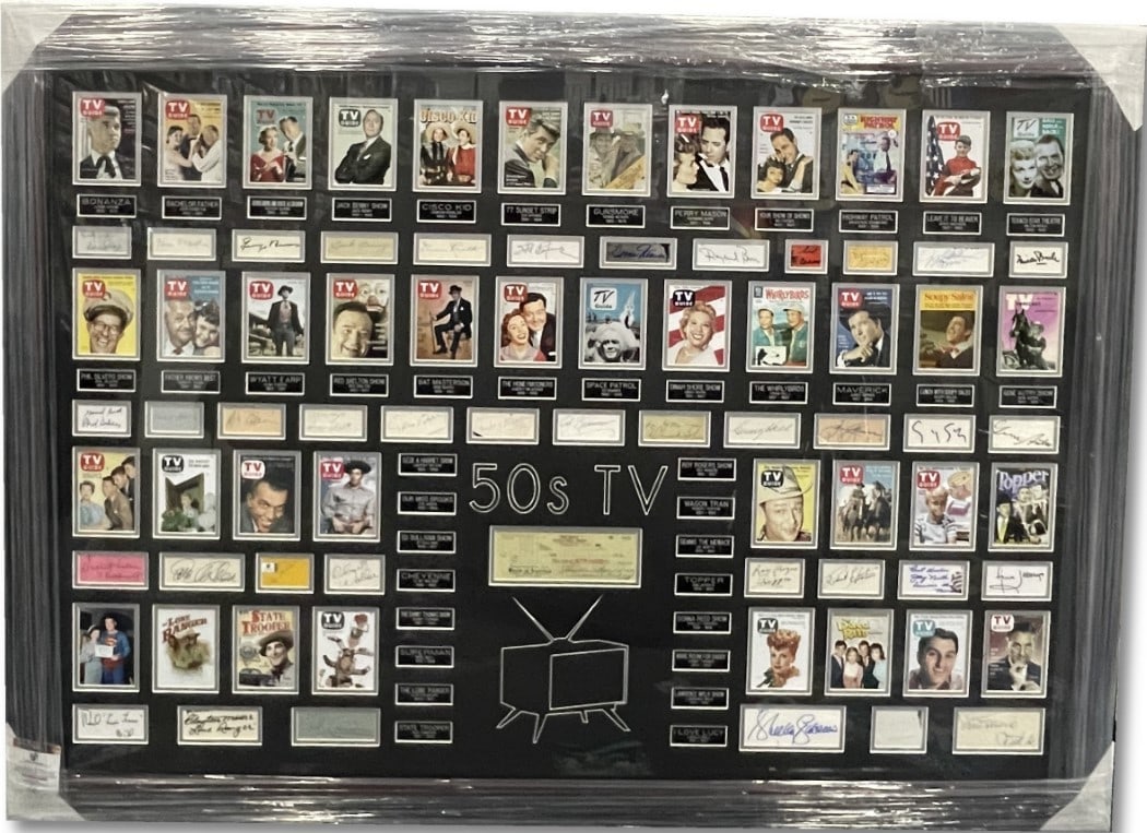 Custom Framed 1950s TV Autograph Cuts 50 Signatures Global Authentics: Custom Framed 1950s TV Autograph Cuts 50 Signatures Global Authentics Custom framed display featuring 50 original autographed cuts from stars of 1950s television shows, with one signature representing