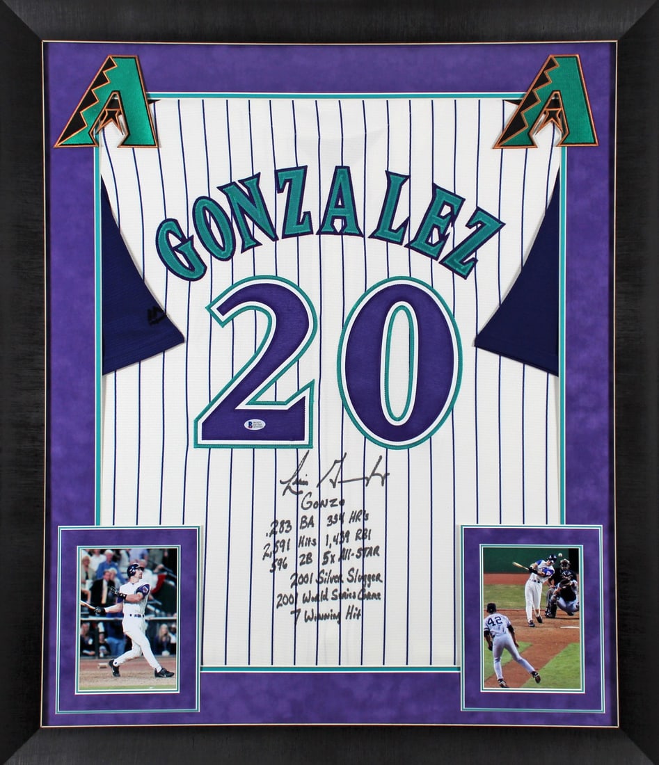 Framed Luis Gonzalez Signed Arizona Diamondbacks Majestic Cool Base Jersey BAS: Framed Luis Gonzalez Signed Arizona Diamondbacks Majestic Cool Base Jersey BAS Professionally framed autographed pinstripe Majestic Coolbase jersey signed by Luis Gonzalez of the Arizona Diamondbacks,