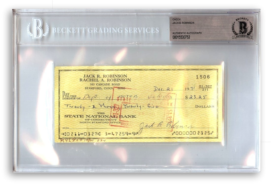 Jackie Robinson autographed original bank check Beckett authenticated 1971 (1 of 2)