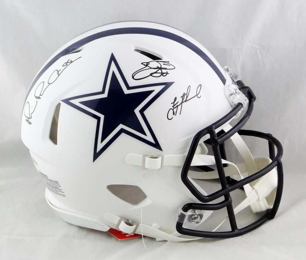 Dallas Cowboys Speed Authentic Helmet Signed by Triplets Beckett Auth: Dallas Cowboys Speed Authentic Helmet Signed by Triplets Beckett Auth Pre-owned Dallas Cowboys full-size flat white Speed authentic helmet signed by three individuals. Beckett autograph authentication
