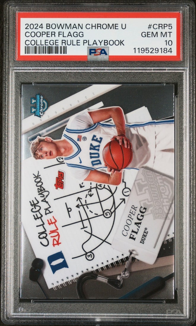 PSA 10 Cooper Flagg 2024 College Rule Playbook Rookie Card CRP5: PSA 10 Cooper Flagg 2024 College Rule Playbook Rookie Card CRP5 Graded 2024 Bowman Chrome U Cooper Flagg #CRP5 College Rule Playbook rookie card, professionally encapsulated by PSA and assigned a Gem 