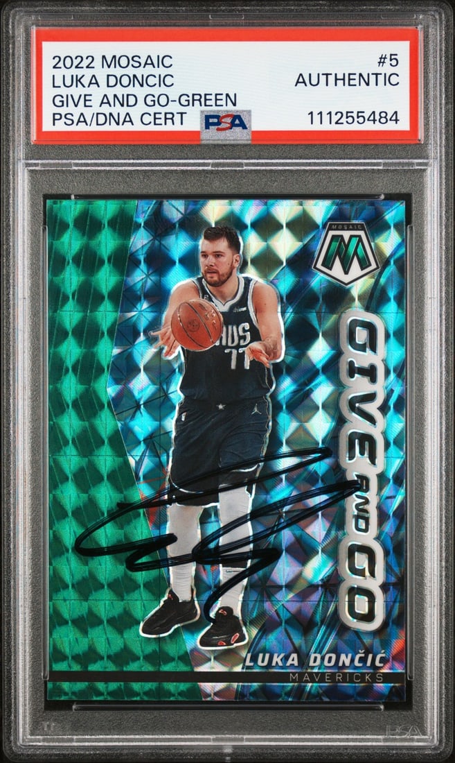 PSA authenticated Luka Doncic 2022 Mosaic Green Prizm Give and Go #5 auto card: PSA authenticated Luka Doncic 2022 Mosaic Green Prizm Give and Go #5 auto card Autographed 2022 Mosaic Give and Go Green Prizm #5 basketball card personally signed by Luka Doncic. This original card i