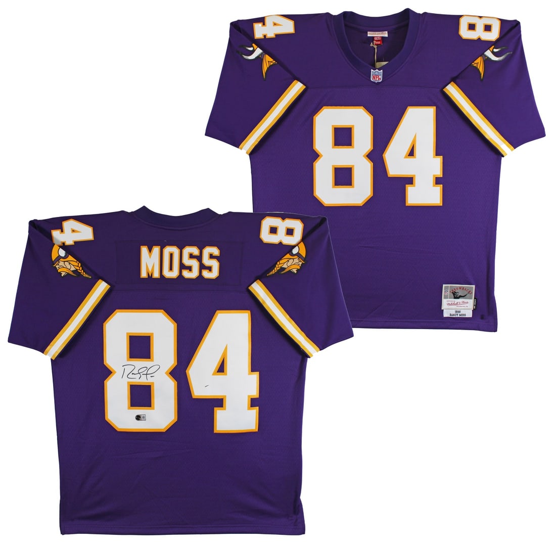 Randy Moss signed Vikings Mitchell and Ness 1998 throwback jersey Beckett witnessed: Randy Moss signed Vikings Mitchell and Ness 1998 throwback jersey Beckett witnessed Autographed purple Mitchell & Ness 1998 NFL Legacy Throwbacks jersey personally signed by Randy Moss of the Minnesot