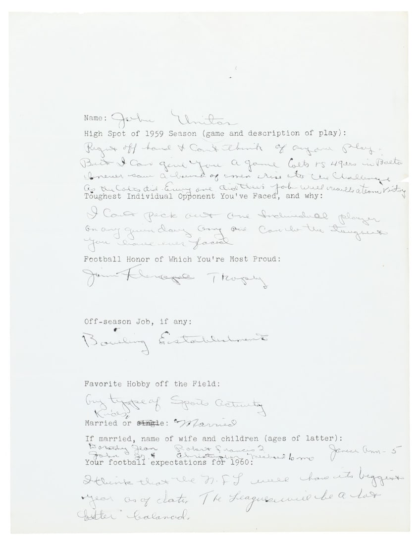1959 Johnny Unitas Autographed Football Questionnaire PSA DNA COA (1 of 4)