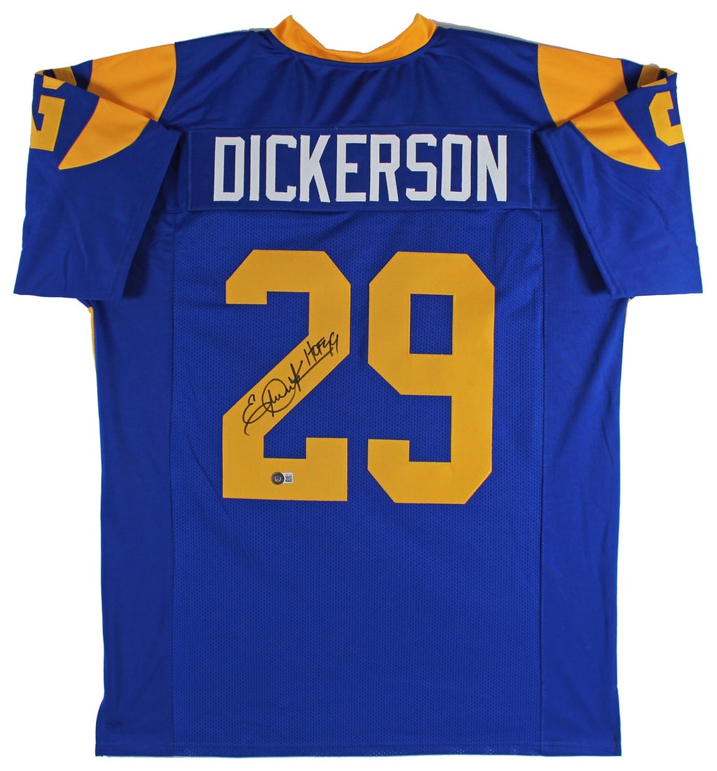 BAS Witnessed Eric Dickerson HOF 99 Signed Blue Football Jersey: BAS Witnessed Eric Dickerson HOF 99 Signed Blue Football Jersey Pre-owned authentic signed blue pro style jersey featuring Eric Dickerson and the St. Louis Rams. It is a size XL custom stitched, non-b