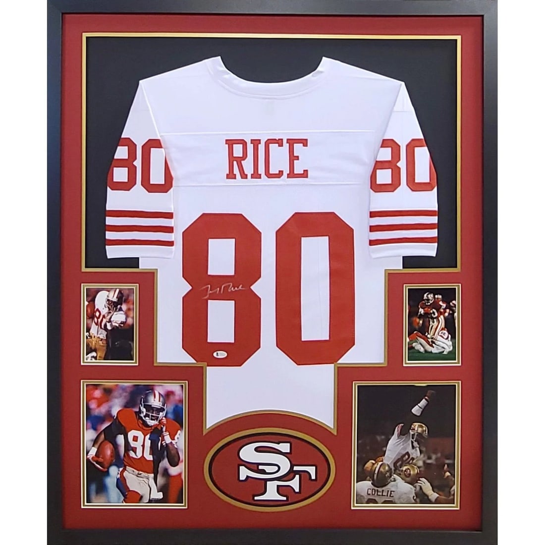 Framed Jerry Rice Autographed 49ers White Jersey Beckett Authenticated: Framed Jerry Rice Autographed 49ers White Jersey Beckett Authenticated Framed white Jerry Rice autographed jersey with San Francisco 49ers presentation styling. The signature is authenticated by Becke