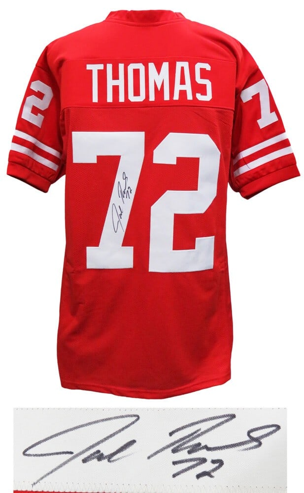 Joe Thomas Signed Wisconsin Badgers Red Football Jersey with COA: Joe Thomas Signed Wisconsin Badgers Red Football Jersey with COA Celebrate your love for football with this original signed red custom jersey from Joe Thomas, a celebrated player of the Wisconsin Badg