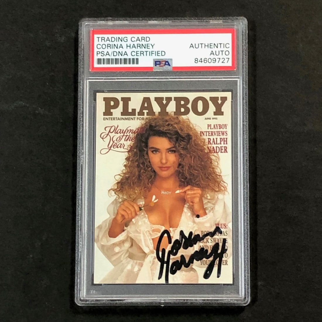 Corina Harney Autographed 1992 Playboy 17 Card PSA DNA Encapsulated: Corina Harney Autographed 1992 Playboy 17 Card PSA DNA Encapsulated 1992 Playboy #17 trading card signed by Corina Harney and encapsulated by PSA/DNA. This pre-owned autographed card is a collectible 