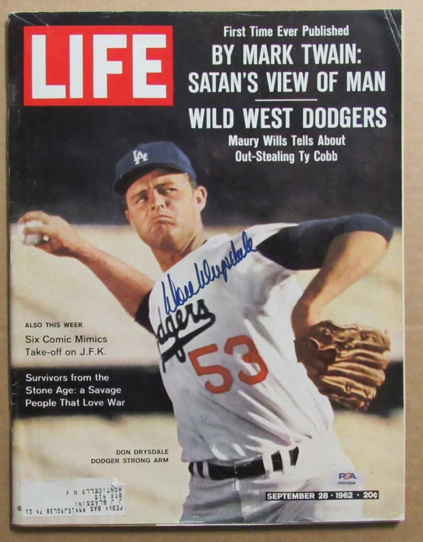 Signed 1962 LIFE Magazine Don Drysdale LA Dodgers PSA DNA Authenticated: Signed 1962 LIFE Magazine Don Drysdale LA Dodgers PSA DNA Authenticated Original September 28, 1962 LIFE magazine signed by Don Drysdale of the LA Dodgers. This baseball collectible is a pre-owned pie