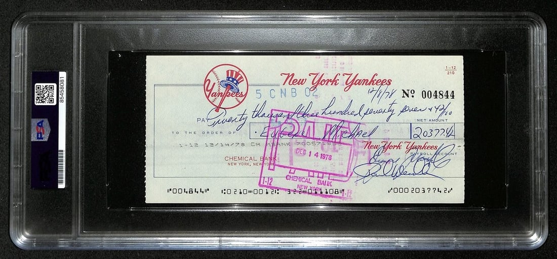 1978 New York Yankees payroll bank check signed Gene Michael PSA DNA: 1978 New York Yankees payroll bank check signed Gene Michael PSA DNA Original 1978 New York Yankees payroll bank check signed by Gene Michael. The check features the Yankees logo and letterhead and ha