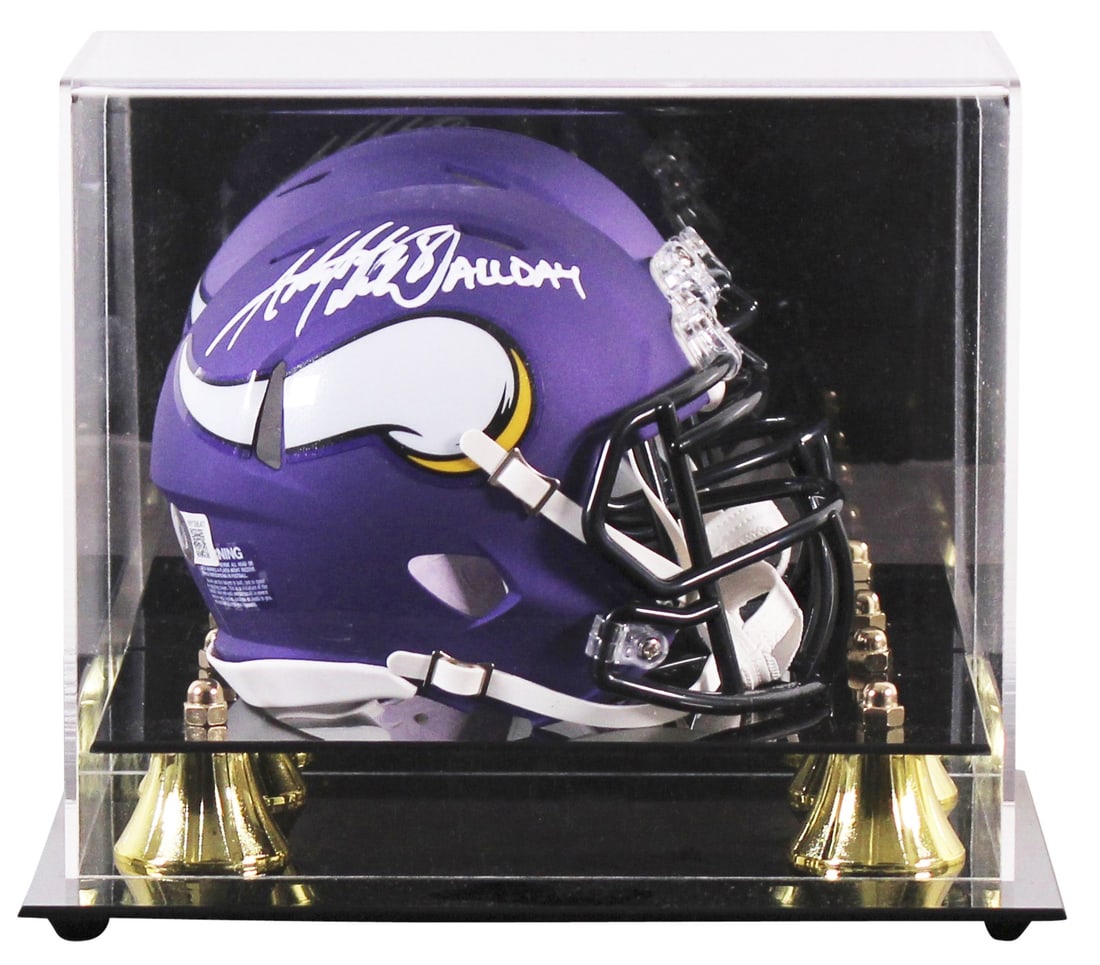 Adrian Peterson Autographed Vikings Speed Mini Helmet with Case Beckett Witnessed: Adrian Peterson Autographed Vikings Speed Mini Helmet with Case Beckett Witnessed Autographed Adrian Peterson Speed mini helmet featuring the inscription "All Day," paired with a UV mirrored back acry