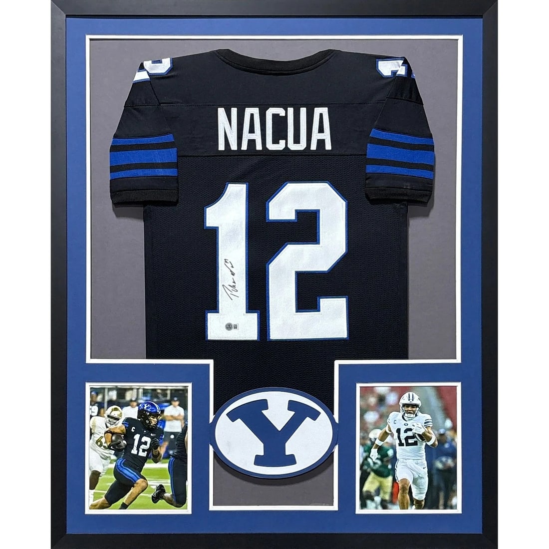 Beckett authenticated framed Puka Nacua BYU autographed jersey: Beckett authenticated framed Puka Nacua BYU autographed jersey Framed signed BYU jersey autographed by Puka Nacua. This pre-owned piece features detailed framing with a BYU logo display and Beckett au