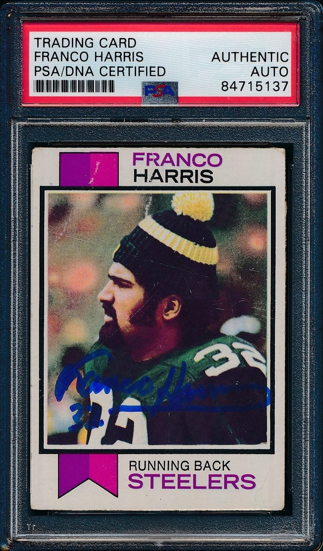 PSA DNA Signed 1973 Topps #89 Franco Harris Rookie Card Steelers HOF: PSA DNA Signed 1973 Topps #89 Franco Harris Rookie Card Steelers HOF Signed 1973 Topps rookie #89 card featuring Franco Harris and the Pittsburgh Steelers. This original football collectible is listed