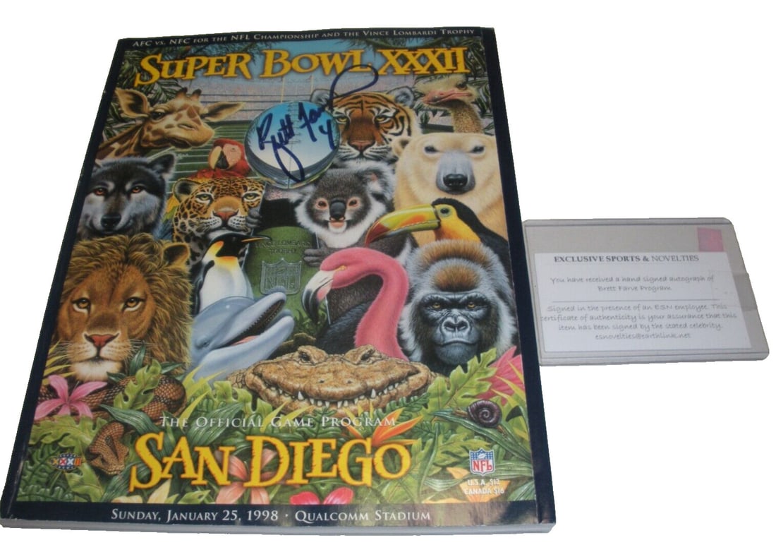 Signed Super Bowl XXXII Program Brett Favre With COA Green Bay Packers: Signed Super Bowl XXXII Program Brett Favre With COA Green Bay Packers This is an original Super Bowl XXXII program signed by Brett Favre. The program commemorates the Green Bay Packers' appearance in