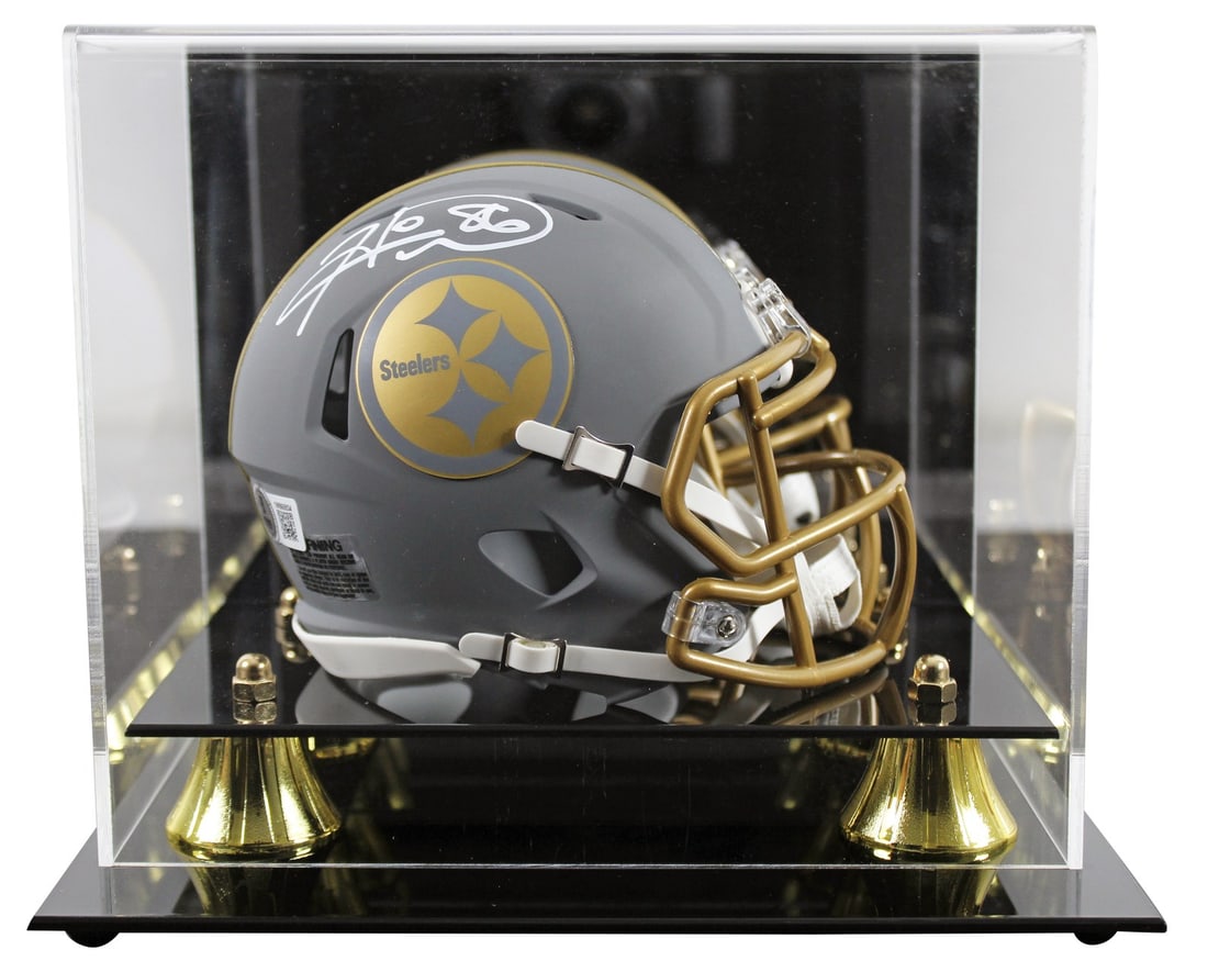 Hines Ward autographed Steelers slate mini helmet with case BAS Witnessed: Hines Ward autographed Steelers slate mini helmet with case BAS Witnessed Autographed alternate slate Speed mini helmet signed by Hines Ward and paired with a UV mirrored back acrylic display case. Th