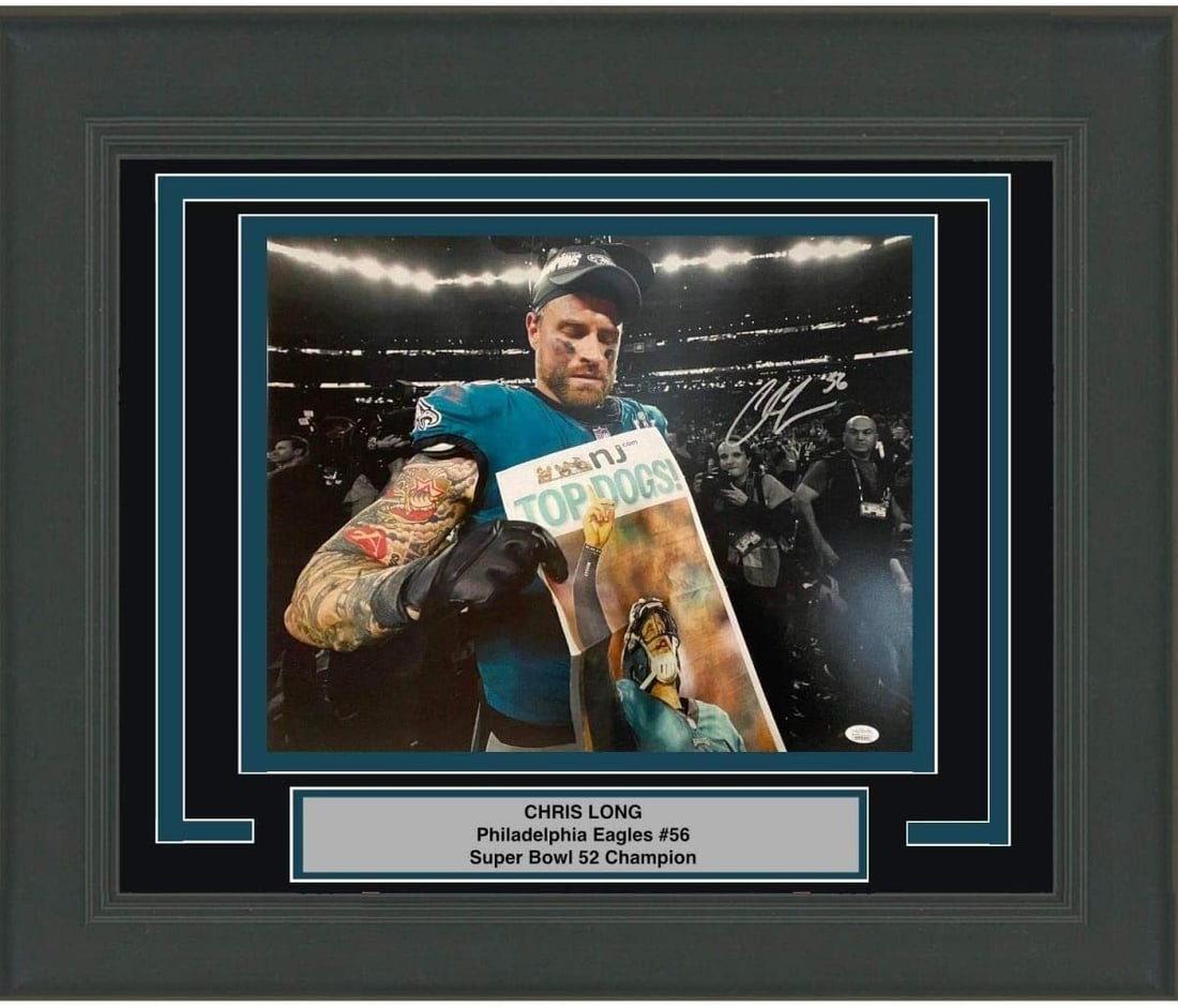 Chris Long Signed 16x20 Eagles Super Bowl 52 Framed Photo JSA: Chris Long Signed 16x20 Eagles Super Bowl 52 Framed Photo JSA Professionally framed and matted original autographed 16x20 Chris Long photo featuring the Philadelphia Eagles and Super Bowl 52. This foo
