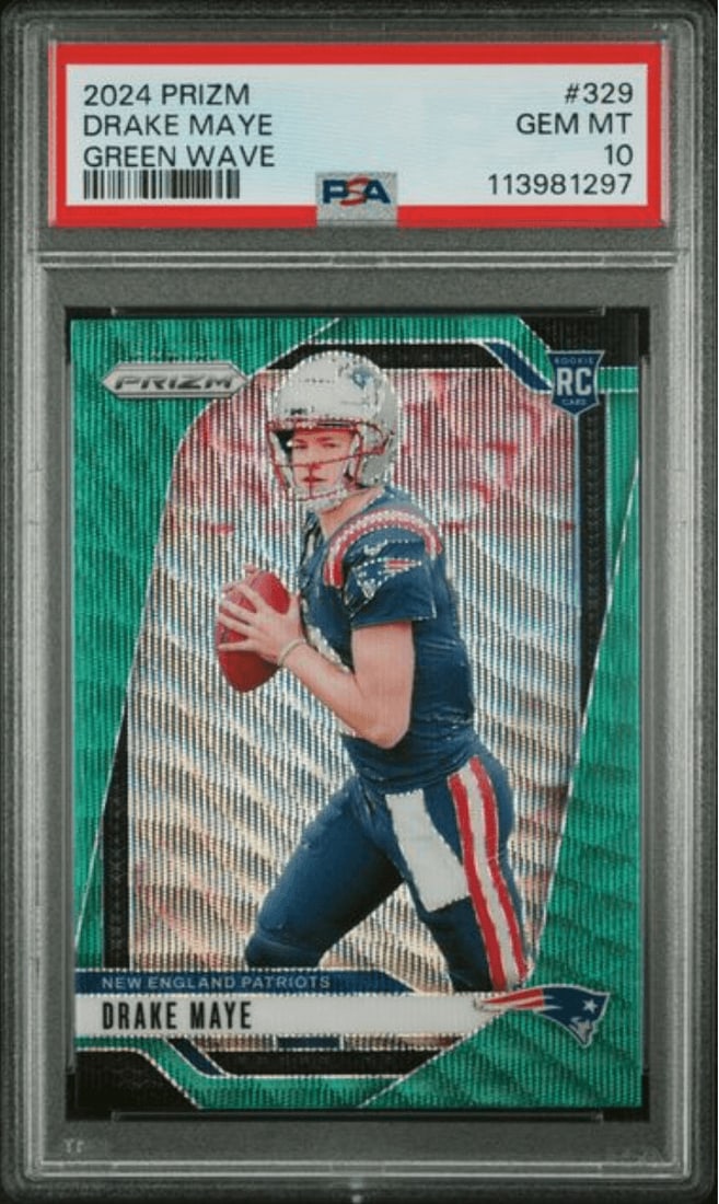 PSA 10 Drake Maye 2024 Panini Prizm Green Wave Rookie #329: PSA 10 Drake Maye 2024 Panini Prizm Green Wave Rookie #329 Graded 2024 Panini Prizm Drake Maye #329 Green Wave rookie sports trading card. This encapsulated PSA 10 Mint card features Drake Maye and is