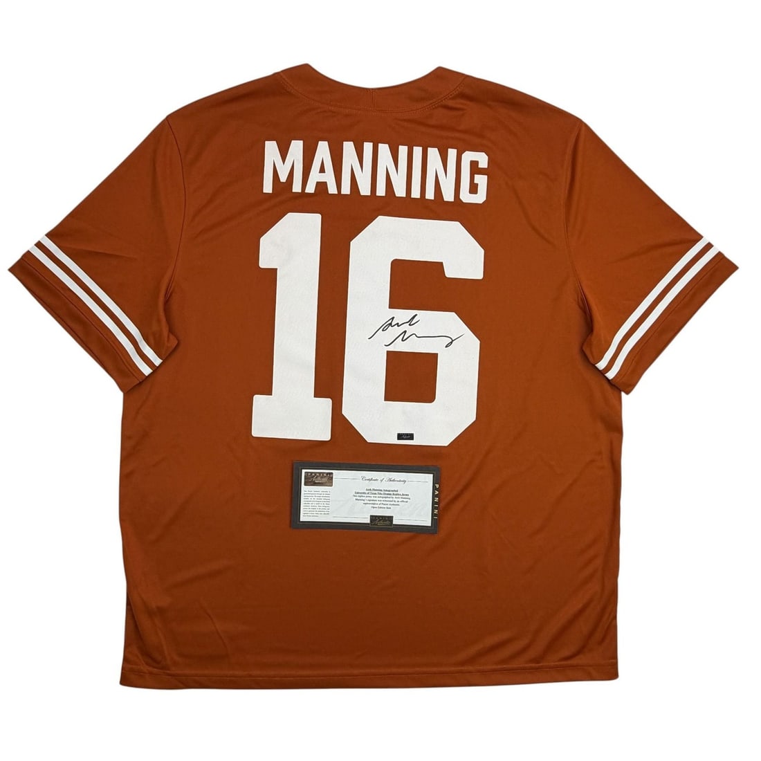 Panini Authentic Arch Manning Signed Texas Longhorns Orange Football Jersey: Panini Authentic Arch Manning Signed Texas Longhorns Orange Football Jersey Authentic orange Arch Manning jersey, signed and authenticated by Panini. This pre-owned football collectible represents the