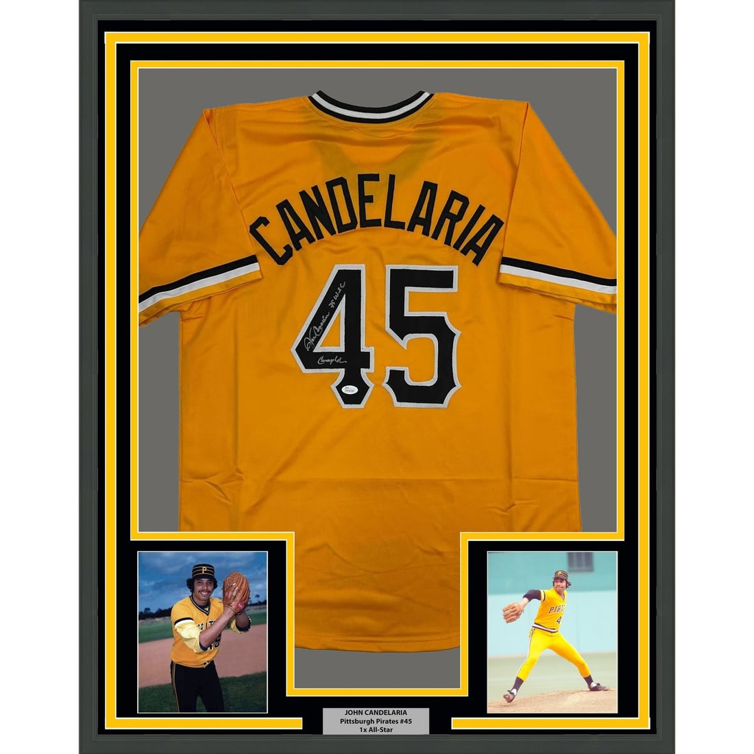 John Candelaria autographed framed Pittsburgh Pirates jersey 35x39 JSA: John Candelaria autographed framed Pittsburgh Pirates jersey 35x39 JSA Professionally framed and matted signed John Candelaria Pittsburgh Pirates yellow jersey display with two 5x7 photos. This origin
