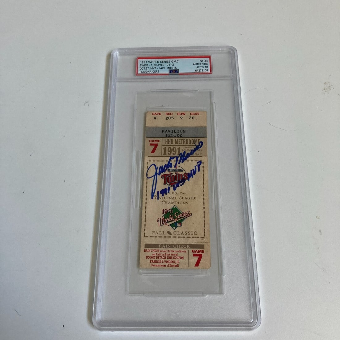 PSA Gem Mint 10 signed 1991 World Series Game 7 ticket stub Jack Morris MVP: PSA Gem Mint 10 signed 1991 World Series Game 7 ticket stub Jack Morris MVP Original 1991 World Series Game 7 ticket stub signed by Jack Morris and inscribed "W.S. MVP." PSA authenticated and graded G