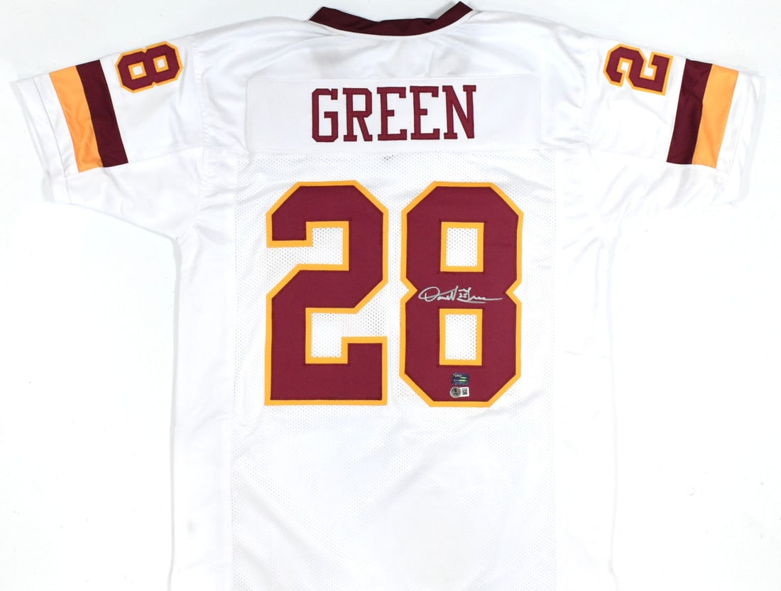 White Football Jersey Signed by Darrell Green with Beckett W Hologram: White Football Jersey Signed by Darrell Green with Beckett W Hologram Autographed white pro style football jersey signed by Darrell Green. This pre-owned piece includes Beckett Authentication Services