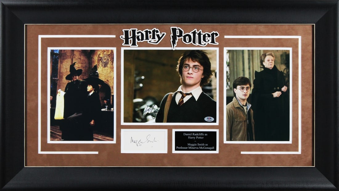 Framed Photo Signed by Daniel Radcliffe and Maggie Smith Beckett Authenticated: Framed Photo Signed by Daniel Radcliffe and Maggie Smith Beckett Authenticated This framed display features an original photograph personally signed by Daniel Radcliffe and Maggie Smith from Harry Pot