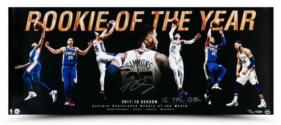 Ben Simmons Autographed Rookie of the Year 36x15 Photo Upper Deck 76ers: Ben Simmons Autographed Rookie of the Year 36x15 Photo Upper Deck 76ers Celebrate the remarkable achievements of Ben Simmons with this autographed and inscribed "Rookie of the Year" collectible photo.
