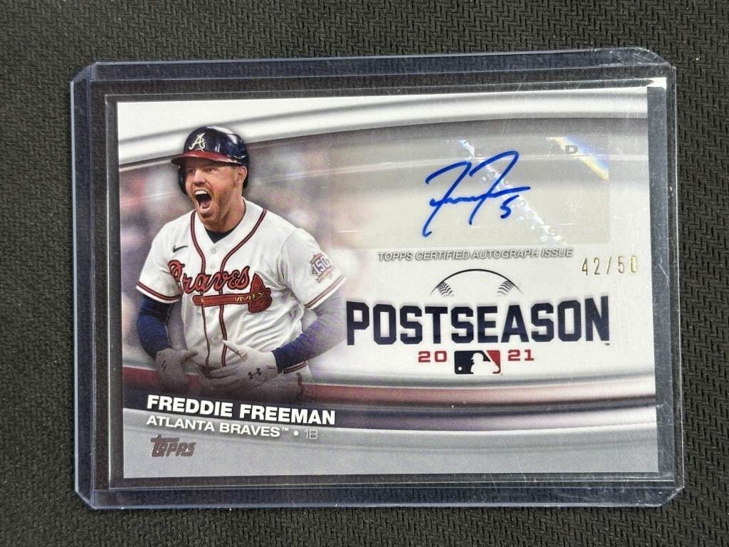 Freddie Freeman 2022 Topps Autographed Postseason Card #PPA-FF Limited Edition 42/50: Freddie Freeman 2022 Topps Autographed Postseason Card #PPA-FF Limited Edition 42/50 This is a 2022 Topps Freddie Freeman 2021 Postseason Autographed Baseball Card featuring card number PPA-FF. It sho
