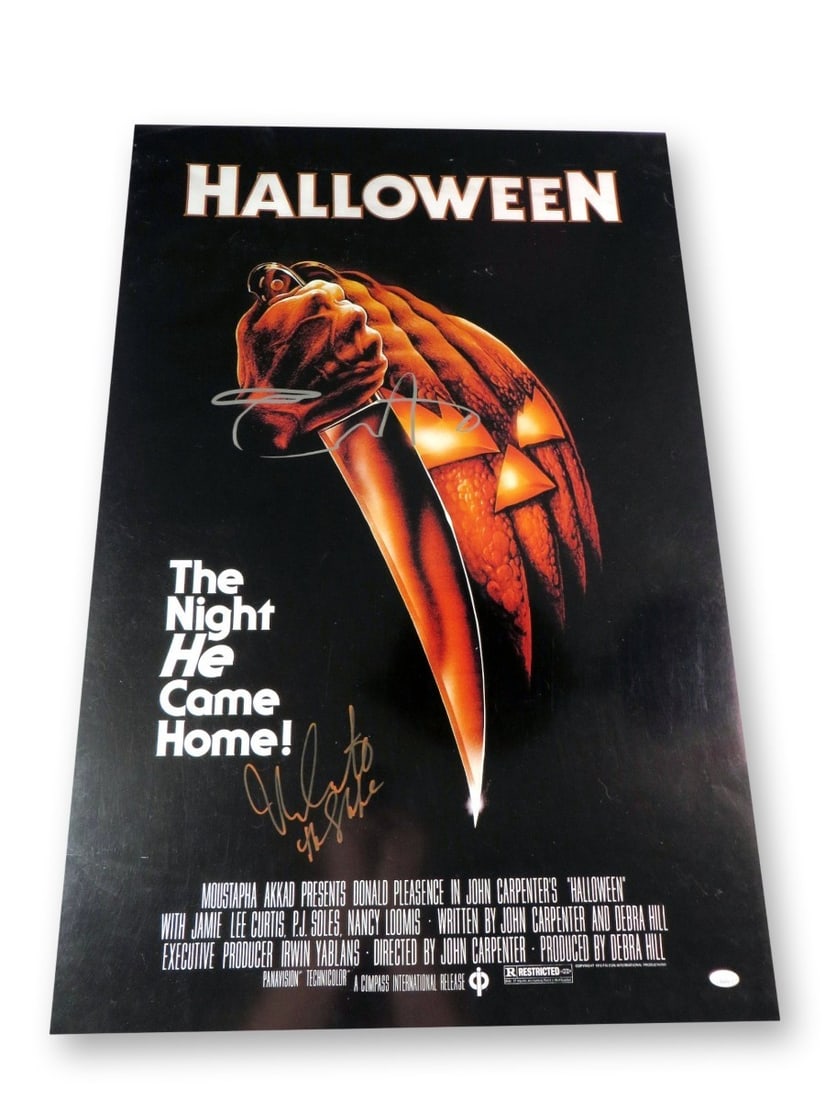 Jamie Lee Curtis Nick Castle Signed 24x36 Halloween Poster JSA Authenticated: Jamie Lee Curtis Nick Castle Signed 24x36 Halloween Poster JSA Authenticated This is an authentic 24X36 poster featuring the signatures of Jamie Lee Curtis and Nick Castle. The poster is a unique item
