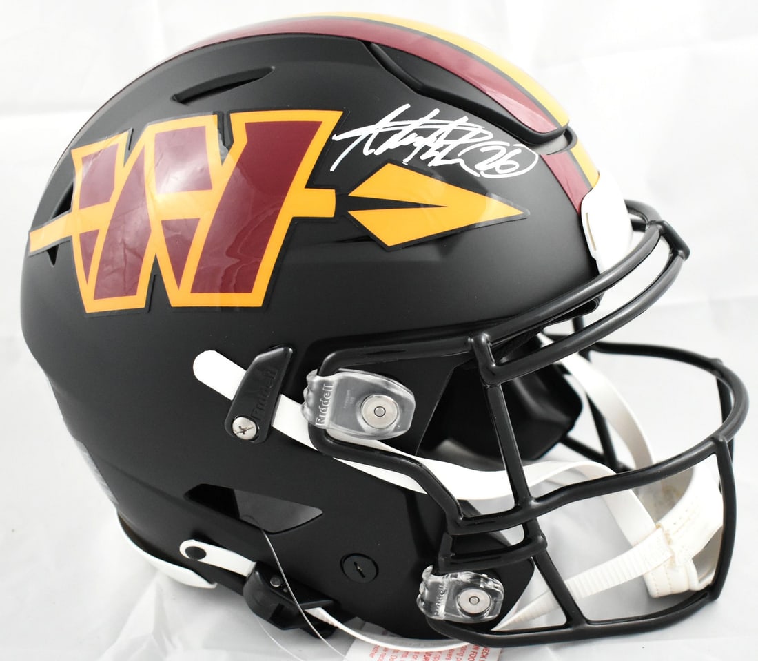 Washington Commanders Speedflex Alt 2026 F S Helmet Signed by Adrian Peterson BAS: Washington Commanders Speedflex Alt 2026 F S Helmet Signed by Adrian Peterson BAS Autographed full-size alternate 2026 Speedflex football helmet featuring Adrian Peterson and Washington Commanders tea