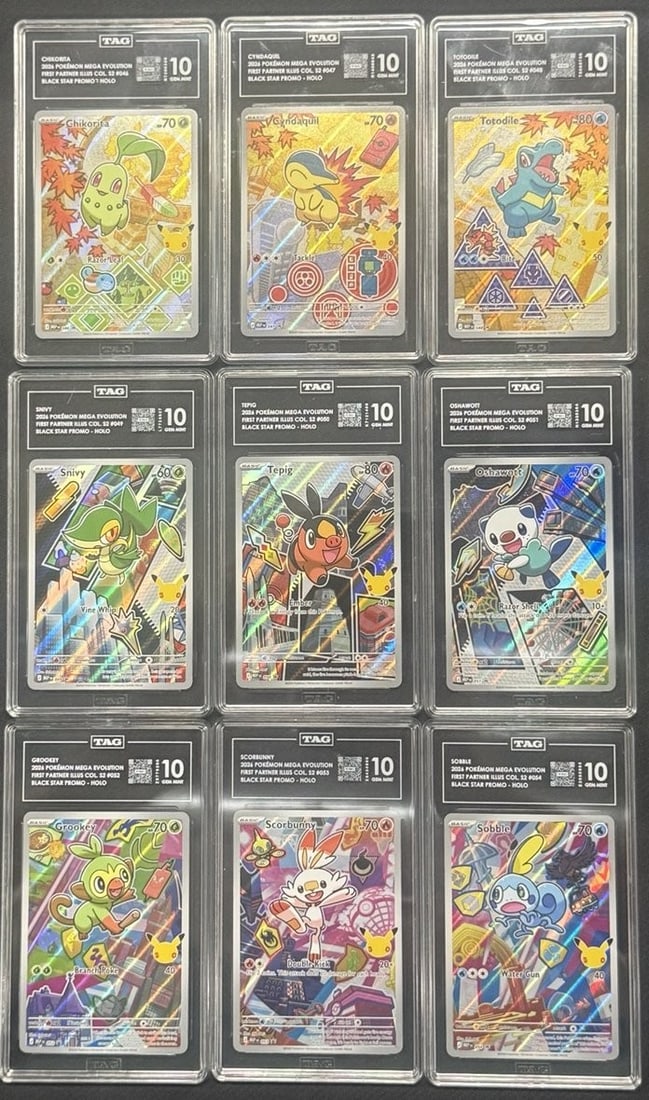 Complete 9 Card Pokemon First Partner Series 2 Set All TAG 10: Complete 9 Card Pokemon First Partner Series 2 Set All TAG 10 Complete 9-card First Partner set featuring Chikorita, Totodile, Cyndaquil, Snivy, Tepig, Oshawott, Scorbunny, Sobble, and Grookey. All ca