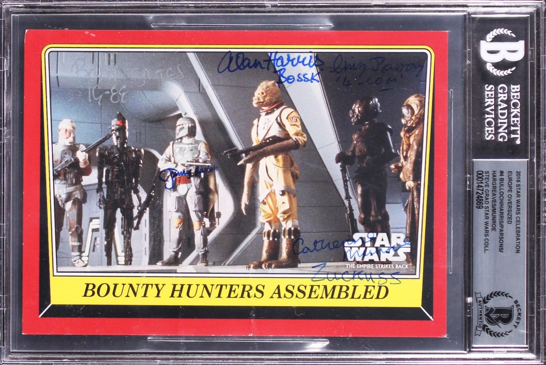 2016 Star Wars EU OS #4 signed card Beckett slabbed: 2016 Star Wars EU OS #4 signed card Beckett slabbed This is an original 2016 Star Wars EU OS #4 trading card, personally signed by Jeremy Bulloch, Alan Harris, Chris Parsons, Bill Hargreaves, and Cath