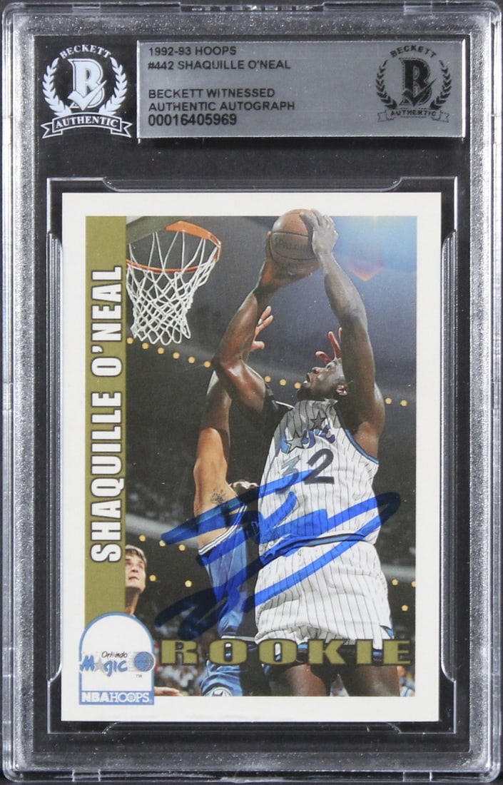 Shaquille O'Neal Signed 1992 Hoops Rookie Card Beckett Authenticated Slab (1 of 2)