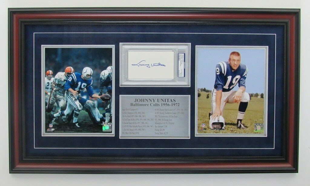 Framed Johnny Unitas signed 3x5 card photo collage PSA DNA authenticated (1 of 3)