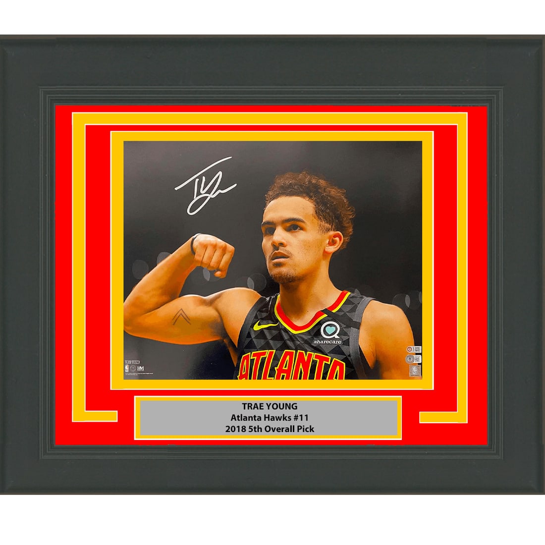 Trae Young Signed 16x20 Framed Atlanta Hawks Photo Beckett COA: Trae Young Signed 16x20 Framed Atlanta Hawks Photo Beckett COA Professionally framed and matted 16x20 original photo signed by Trae Young. This basketball collectible is ready to hang and includes Bec