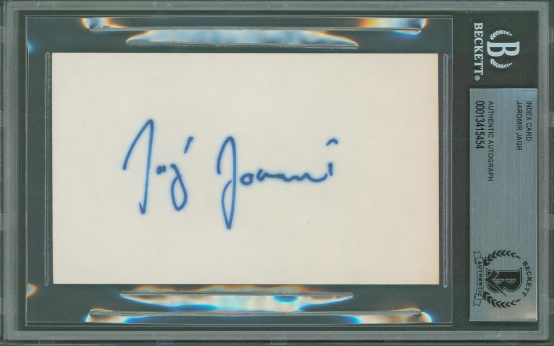 Jaromir Jagr signed 3x5 index card Beckett authenticated slabbed: Jaromir Jagr signed 3x5 index card Beckett authenticated slabbed Authentic Jaromir Jagr autographed 3x5 index card from the Pittsburgh Penguins. The card is slabbed by Beckett Authentication Services 