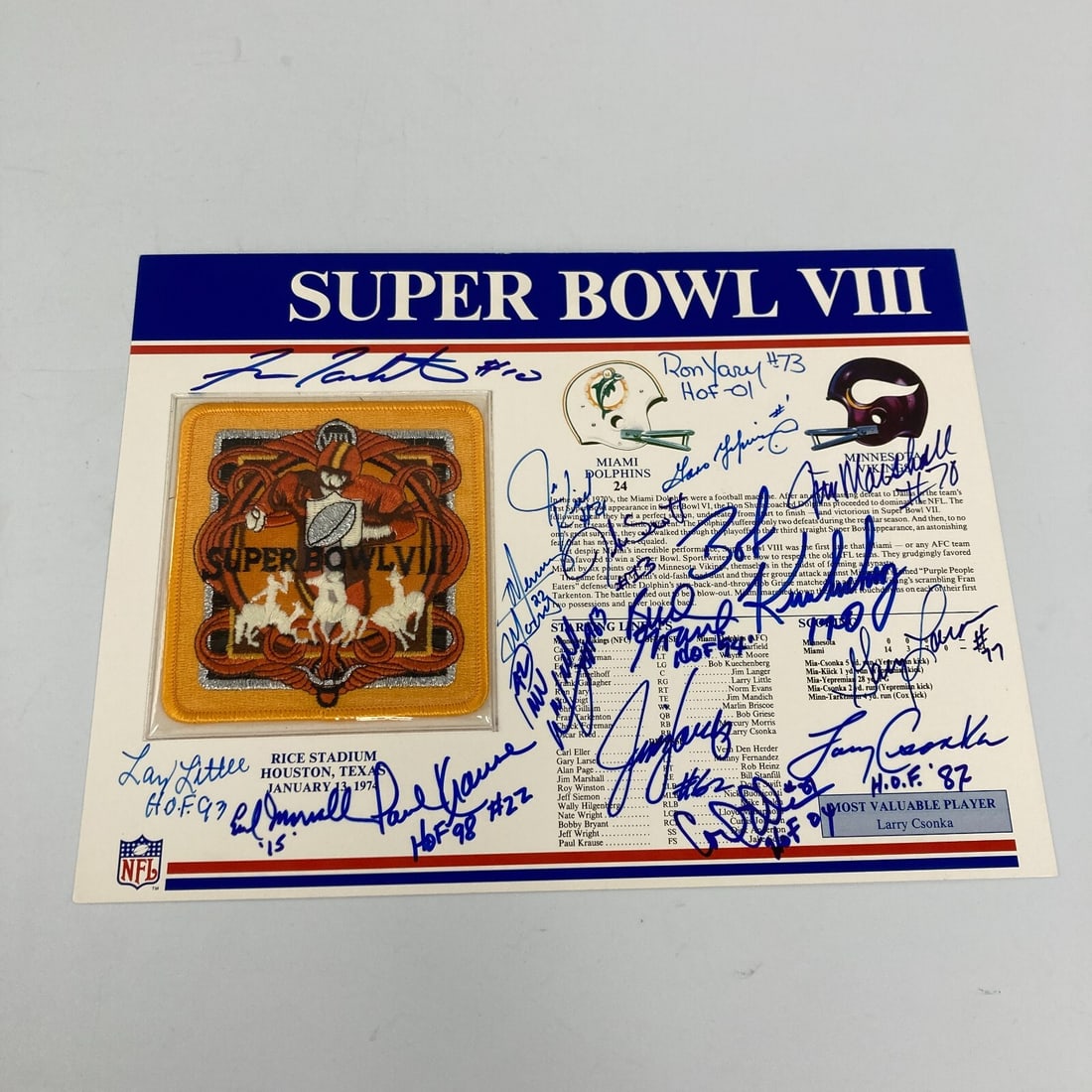 Super Bowl VIII Miami Dolphins signed patch sheet 17 autographs JSA (1 of 5)
