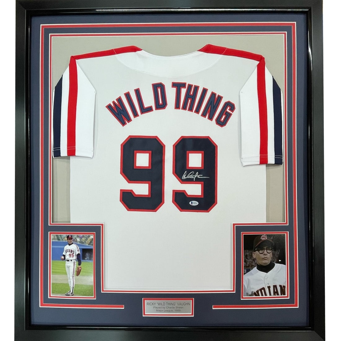 Charlie Sheen signed framed Wild Thing Vaughn jersey 35x39 JSA COA (1 of 2)