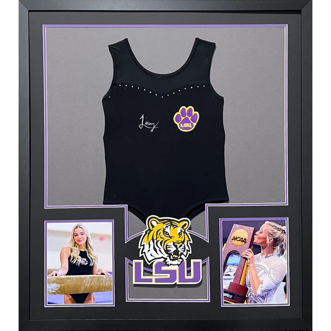 Framed LSU Leotard Signed by Livvy Dunne JSA Authenticated: Framed LSU Leotard Signed by Livvy Dunne JSA Authenticated Framed autographed Livvy Dunne LSU leotard jersey with detailed presentation and logo display. Authenticated by JSA and housed under UV-prote