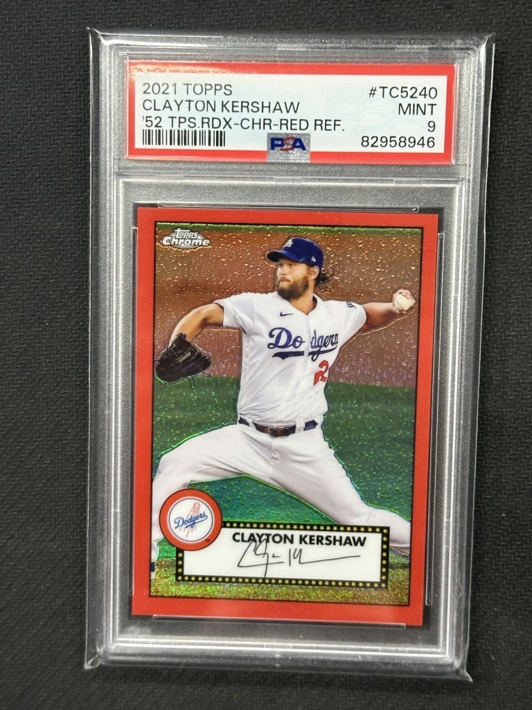 PSA 9 Clayton Kershaw 2021 Topps 52 Redux Red Chrome TC5240: PSA 9 Clayton Kershaw 2021 Topps 52 Redux Red Chrome TC5240 Graded 2021 Topps 52' Redux Red Chrome baseball card featuring Clayton Kershaw of the Los Angeles Dodgers. This pre-owned card is numbered #