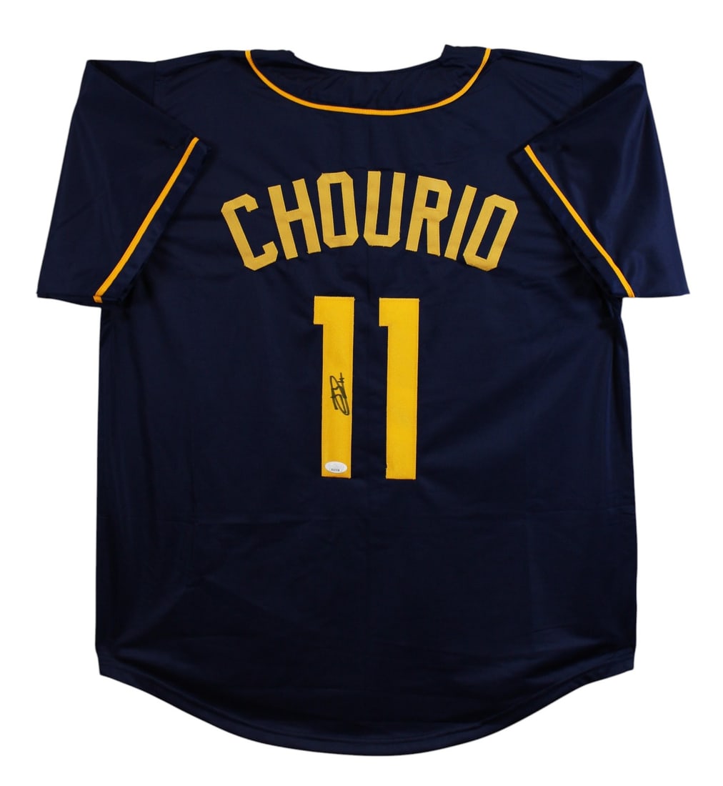 JSA Certified Jackson Chourio Signed Milwaukee Brewers Navy Jersey Signature Debut: JSA Certified Jackson Chourio Signed Milwaukee Brewers Navy Jersey Signature Debut Autographed navy pro style jersey personally signed by Jackson Chourio of the Milwaukee Brewers. This is an original 