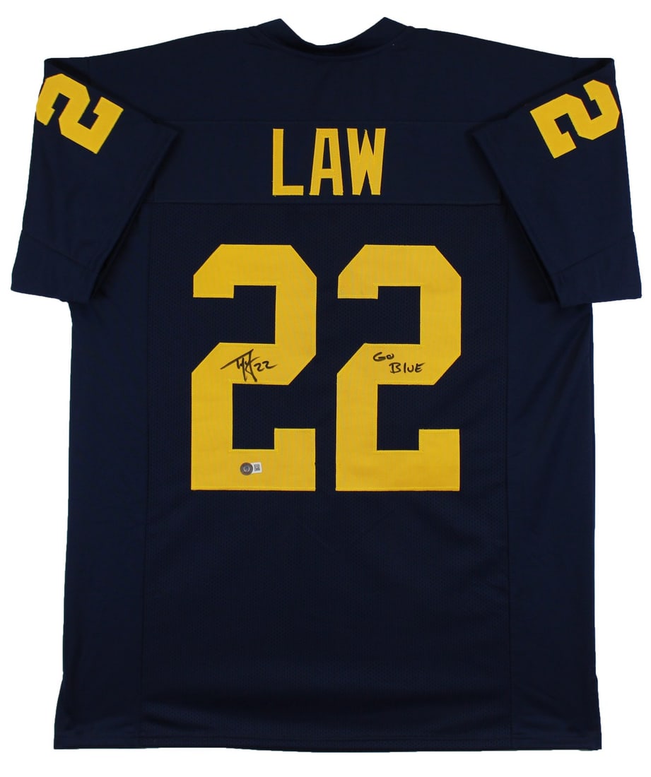 Ty Law Autographed Michigan Wolverines Navy Jersey With Go Blue Inscription BAS (1 of 3)