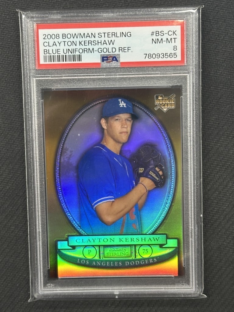 Clayton Kershaw 2008 Bowman Sterling Gold PSA 8 Rookie Card #BSCK: Clayton Kershaw 2008 Bowman Sterling Gold PSA 8 Rookie Card #BSCK This is a Clayton Kershaw 2008 Bowman Sterling Blue Uniform Gold baseball card, featuring the iconic pitcher of the Los Angeles Dodger