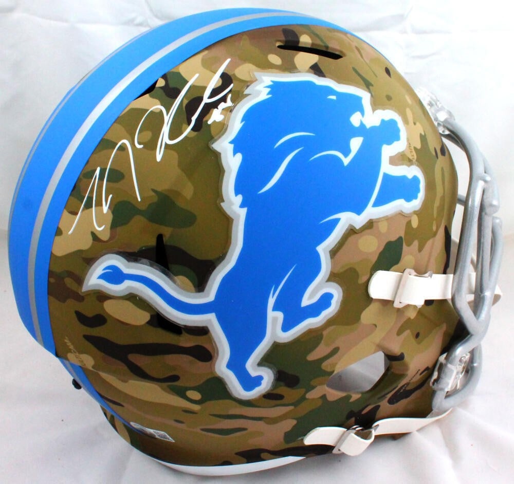 Signed Detroit Lions Camo Speed Helmet TJ Hockenson Beckett Witness: Signed Detroit Lions Camo Speed Helmet TJ Hockenson Beckett Witness Autographed full-size Camo Speed helmet from the Detroit Lions featuring TJ Hockenson. This pre-owned collectible includes Beckett a