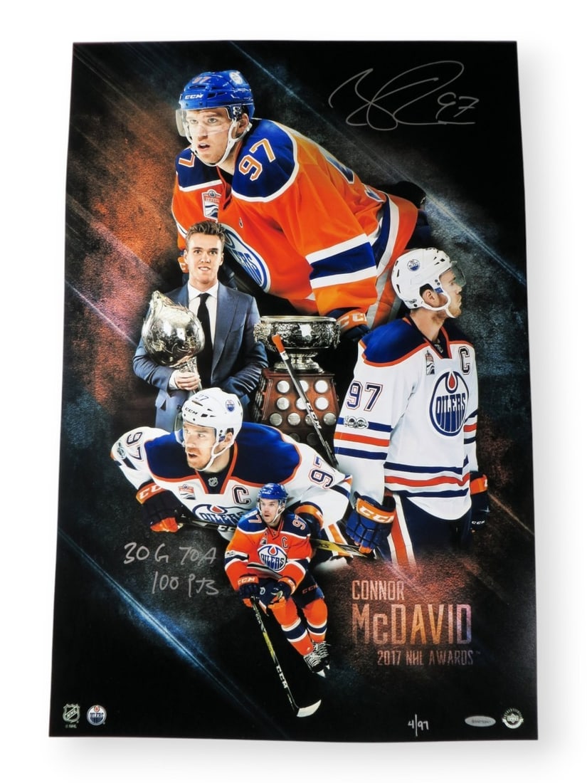 Connor McDavid signed 16X24 original photo Upper Deck authenticated: Connor McDavid signed 16X24 original photo Upper Deck authenticated Original autographed photo of Connor McDavid featuring the Edmonton Oilers. The piece is 16 x 24 in. and is inscribed with 2017 NHL 