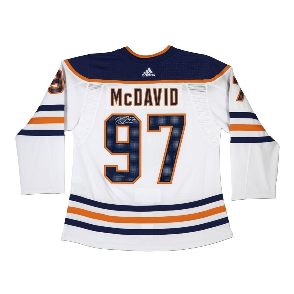 Connor McDavid Autographed Authentic Jersey Edmonton Oilers Upper Deck: Connor McDavid Autographed Authentic Jersey Edmonton Oilers Upper Deck This is an authentic white jersey signed by star player Connor McDavid of the Edmonton Oilers. The jersey showcases McDavid's sig