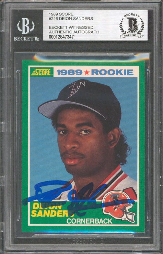 Deion Sanders Signed 1989 Score #246 Rookie Card Beckett Slabbed: Deion Sanders Signed 1989 Score #246 Rookie Card Beckett Slabbed Authentic signed 1989 Score #246 rookie card personally autographed by Deion Sanders of the Atlanta Falcons. The card comes slabbed wit